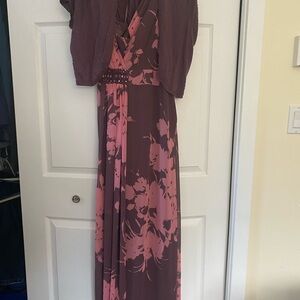 Elegant Pink and purple Eyes Floral Maxi Dress with separate cardigan.